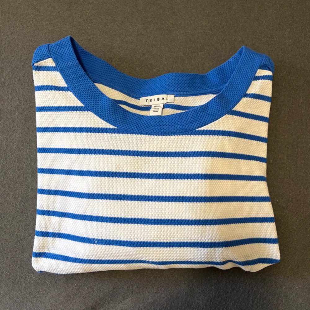 Tribal 3/4 Sleeve Top Womens XL Blue White Striped Nautical Cloastal Fall Core